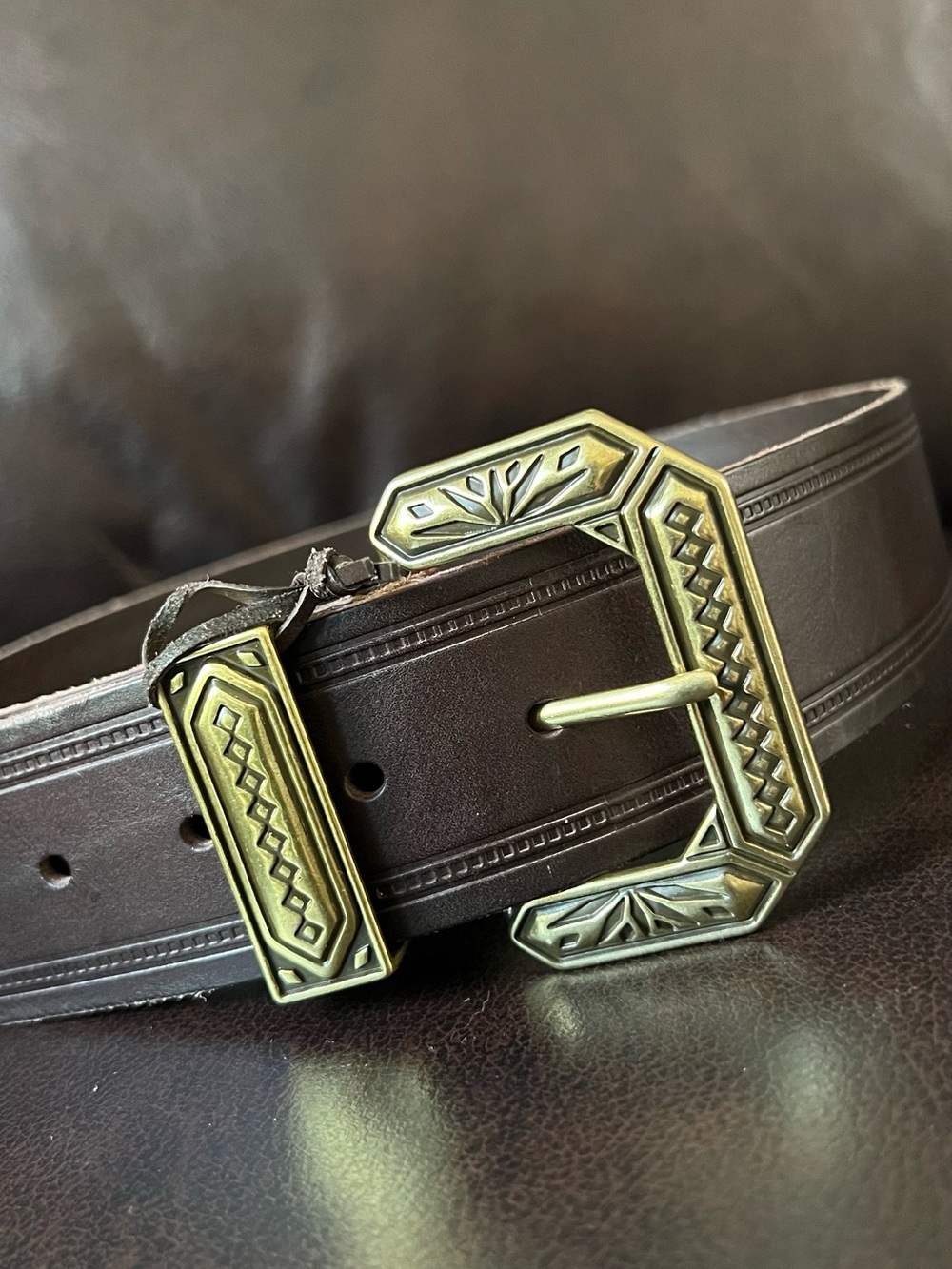 Linea Pelle Nola Belt Dark Brown Geometric Vintage Brass Buckle Size S NWT